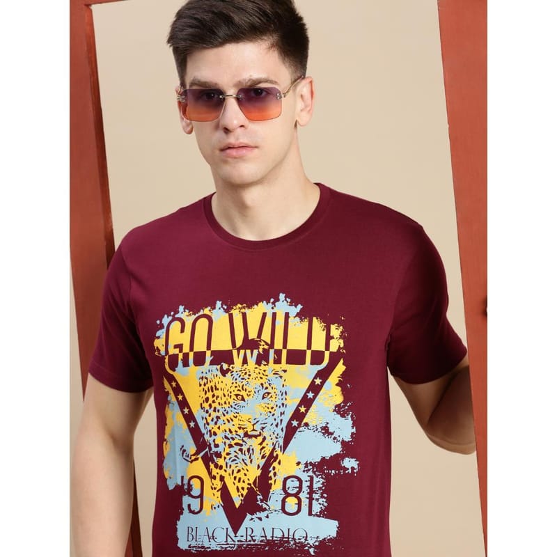 BLACK RADIO Mens Round neck Short Sleeve Graphic Printed Maroon T-Shirt