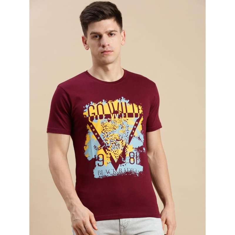 BLACK RADIO Mens Round neck Short Sleeve Graphic Printed Maroon T-Shirt