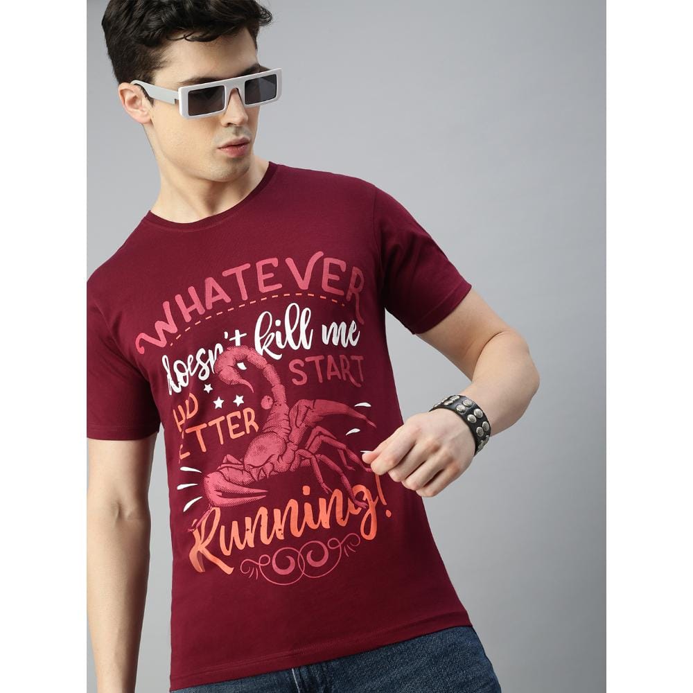 BLACK RADIO Mens Round neck Short Sleeve Graphic Printed Maroon T-Shirt