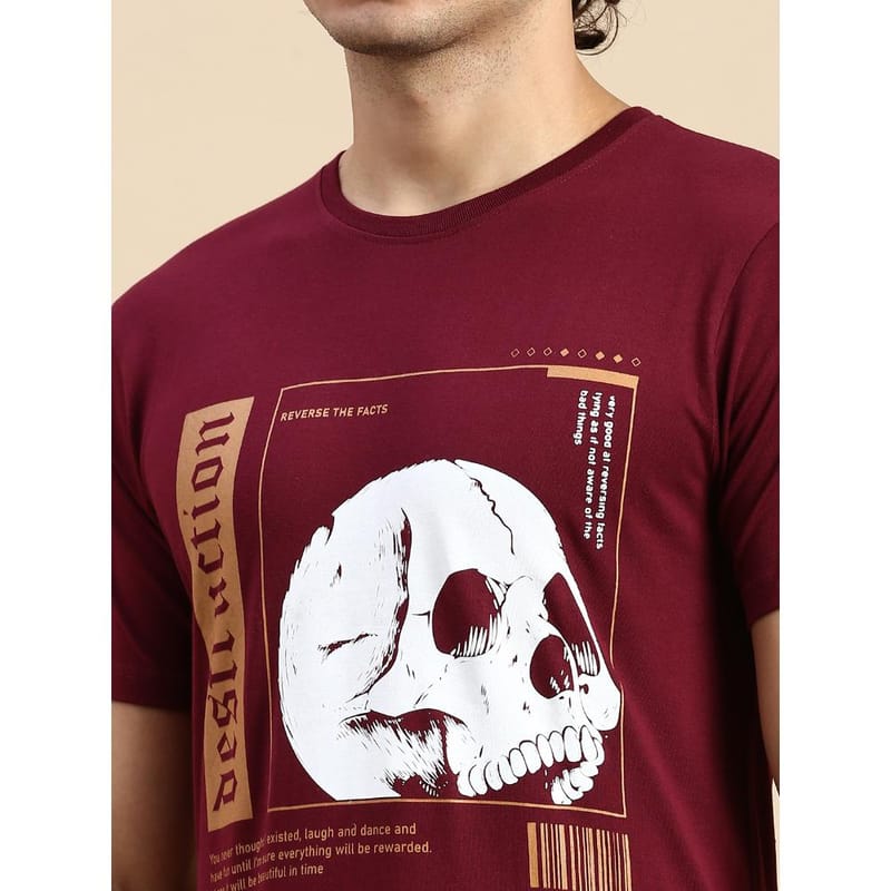 BLACK RADIO Mens Round neck Short Sleeve Graphic Printed Maroon T-Shirt