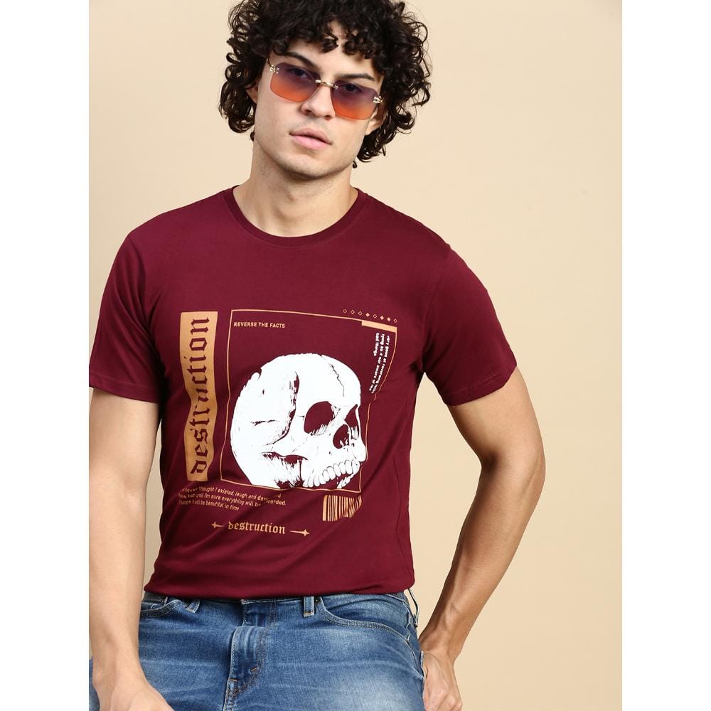 BLACK RADIO Mens Round neck Short Sleeve Graphic Printed Maroon T-Shirt