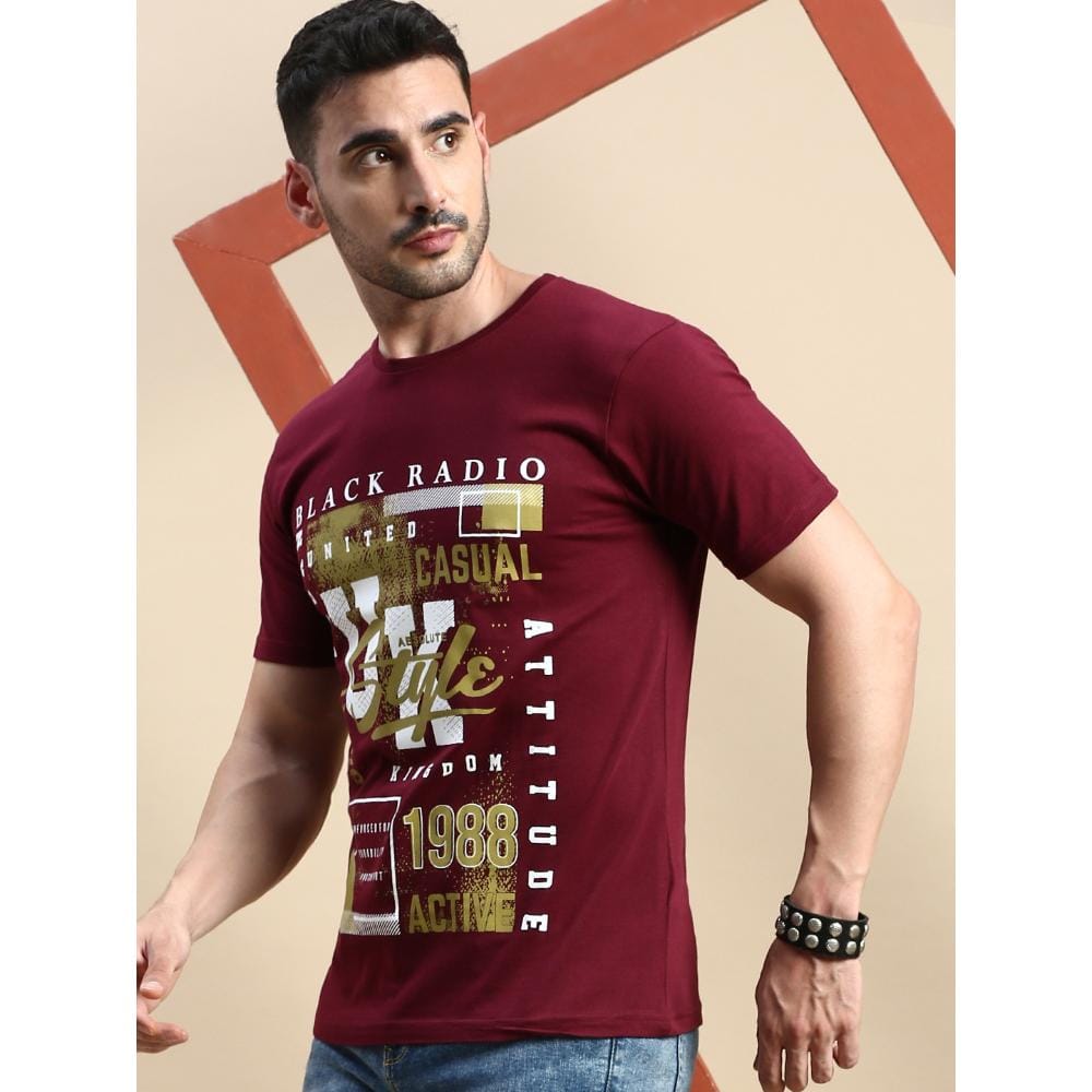 BLACK RADIO Mens Round neck Short Sleeve Graphic Printed Maroon T-Shirt