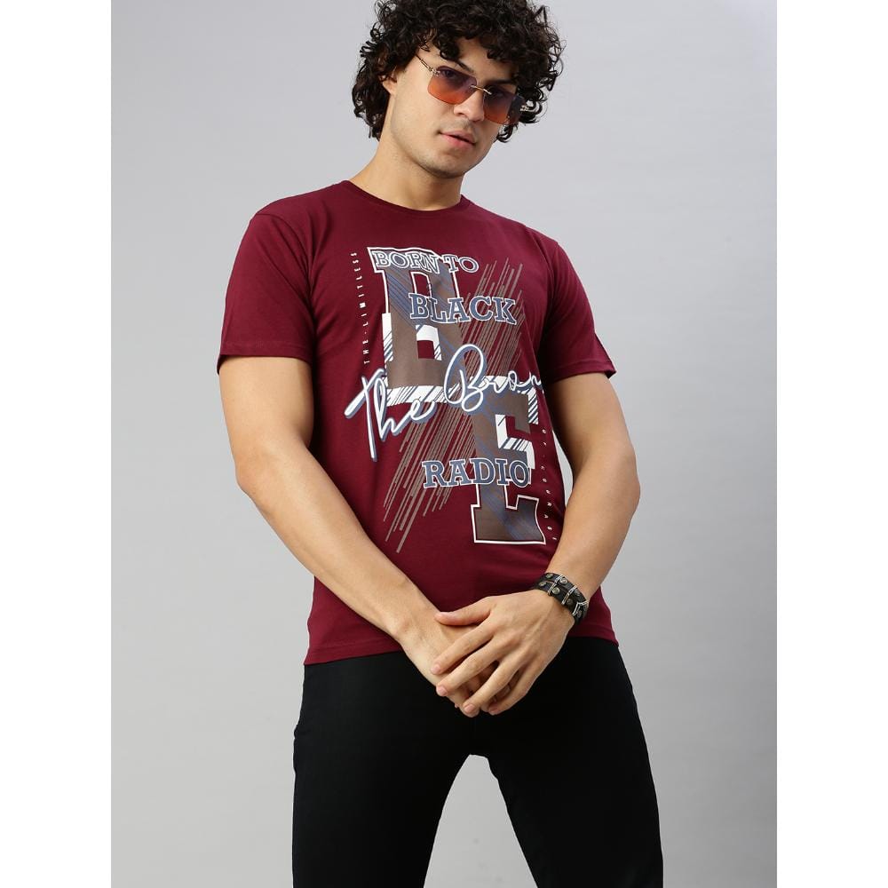 BLACK RADIO Mens Round neck Short Sleeve Graphic Printed Maroon T-Shirt