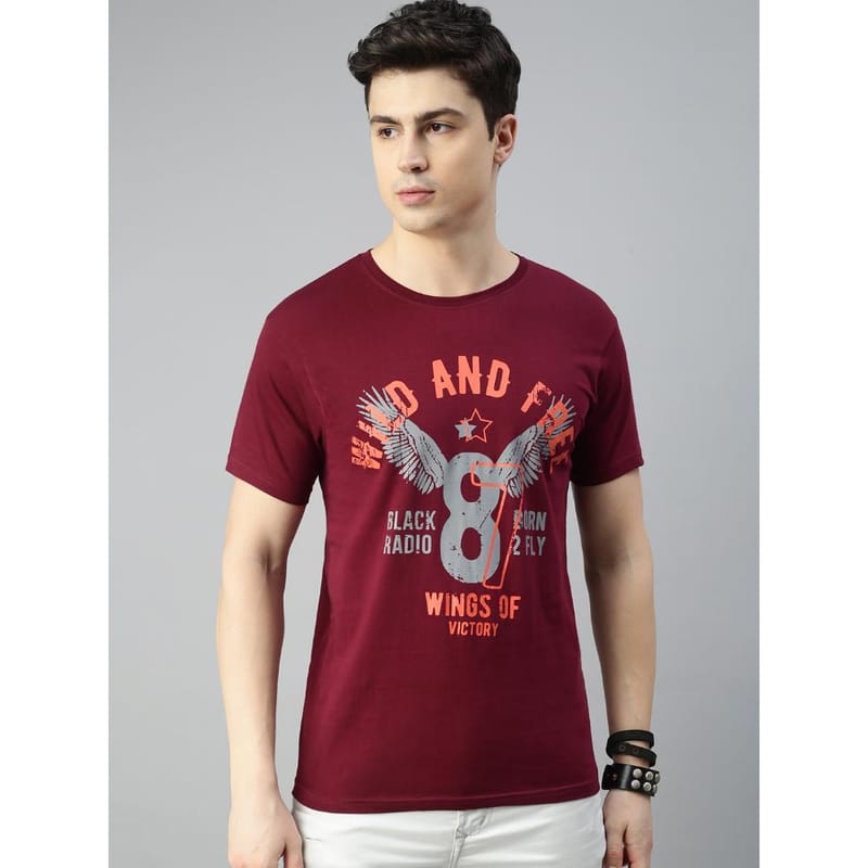 BLACK RADIO Mens Round neck Short Sleeve Graphic Printed Maroon T-Shirt