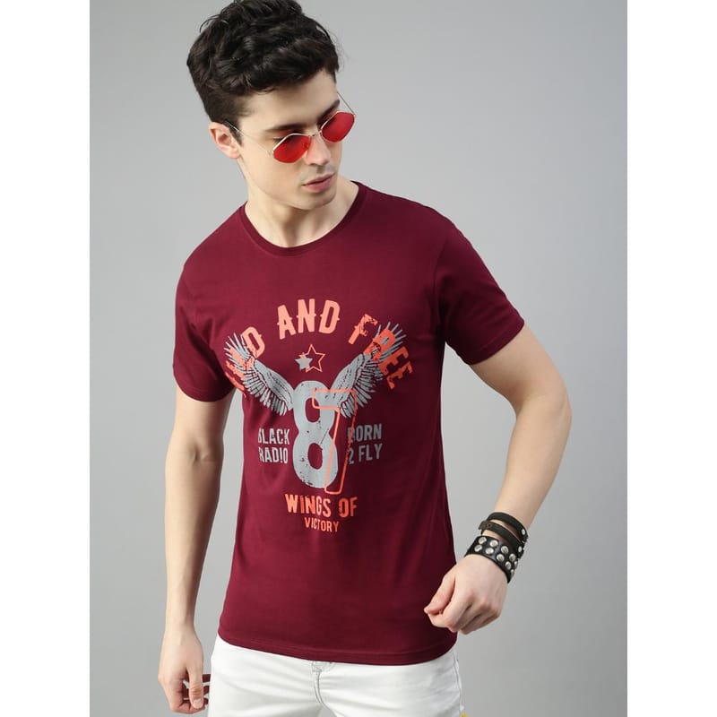 BLACK RADIO Mens Round neck Short Sleeve Graphic Printed Maroon T-Shirt