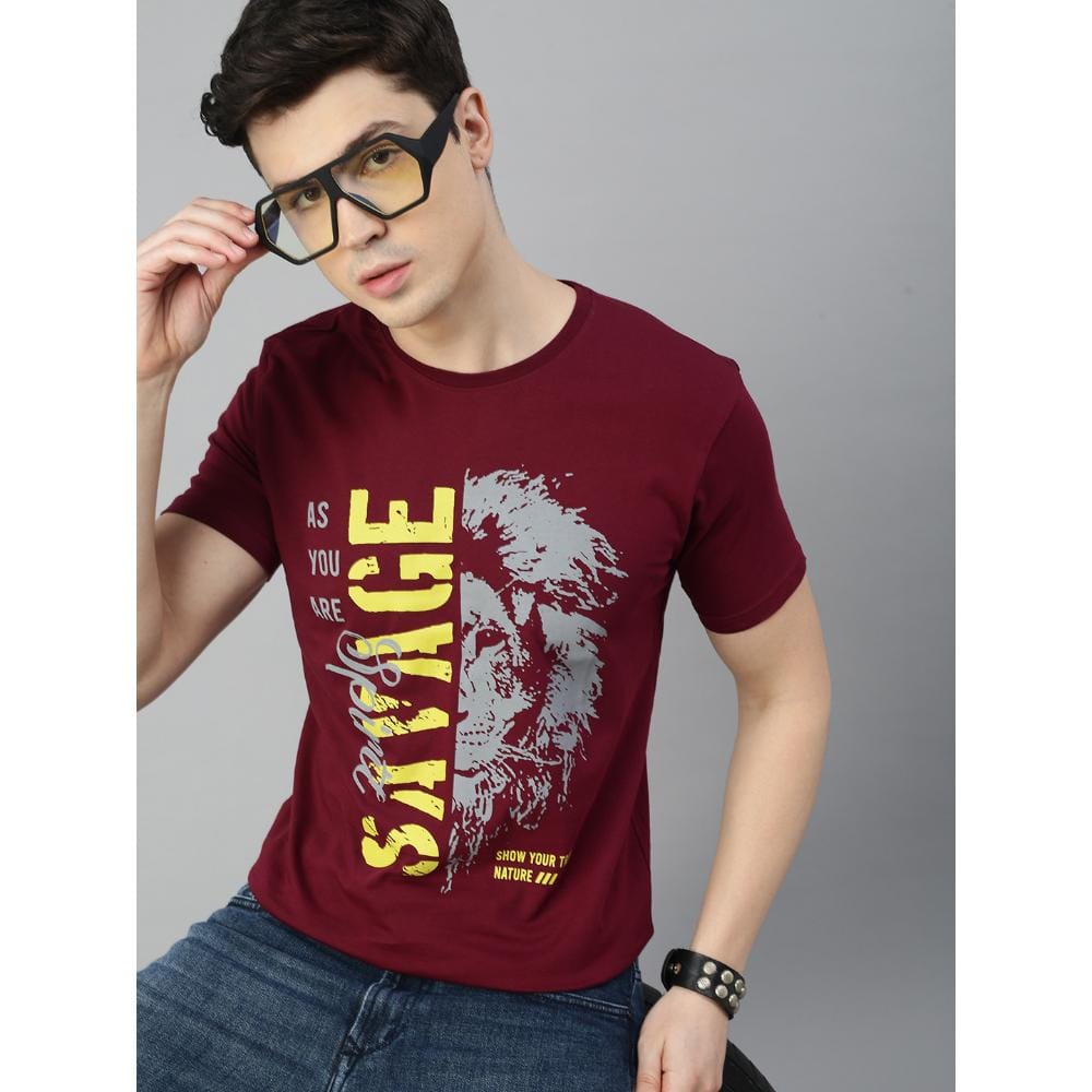 BLACK RADIO Mens Round neck Short Sleeve Graphic Printed Maroon T-Shirt