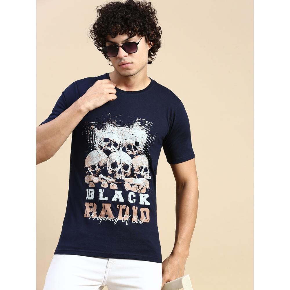 BLACK RADIO Mens Round neck Short Sleeve Graphic Printed Navy T-Shirt