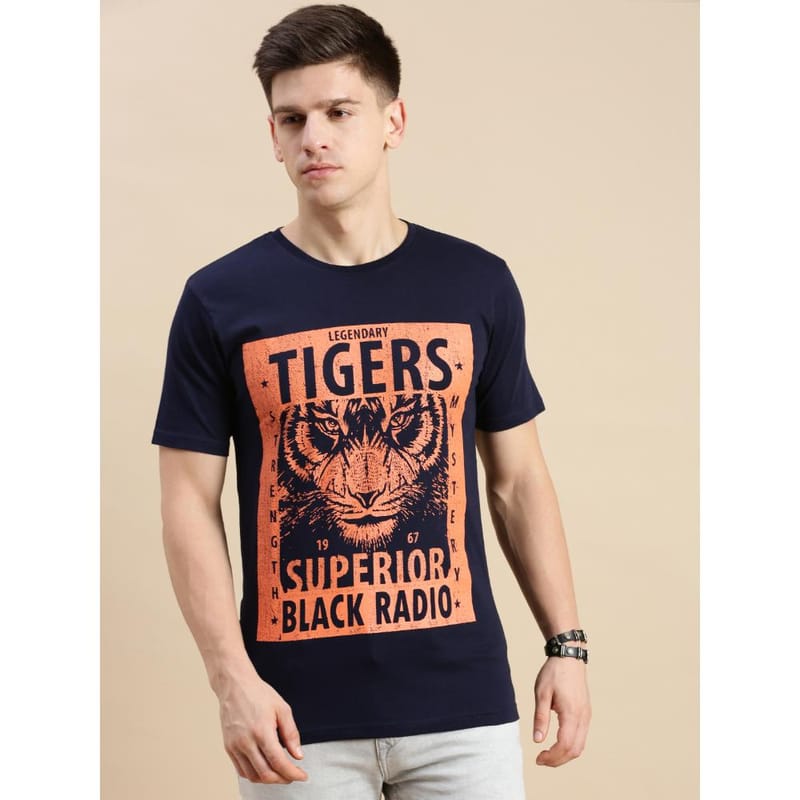 BLACK RADIO Mens Round neck Short Sleeve Graphic Printed Navy T-Shirt