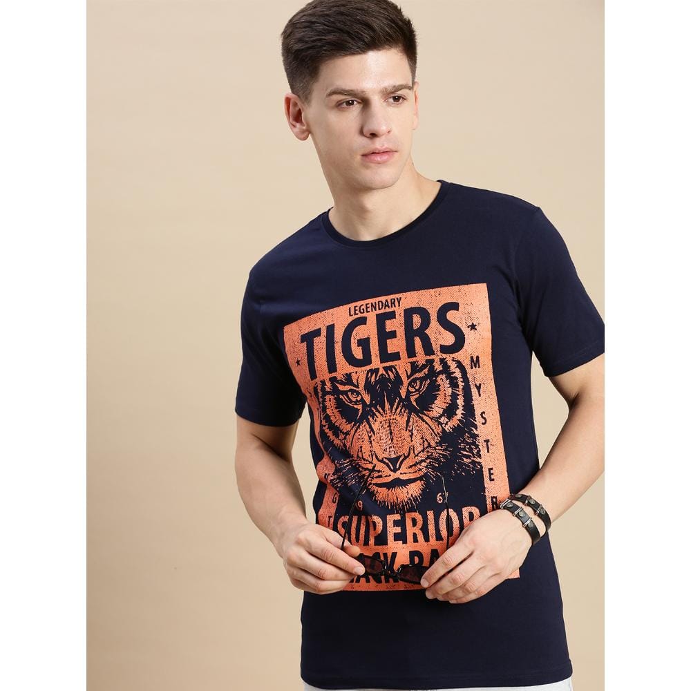 BLACK RADIO Mens Round neck Short Sleeve Graphic Printed Navy T-Shirt