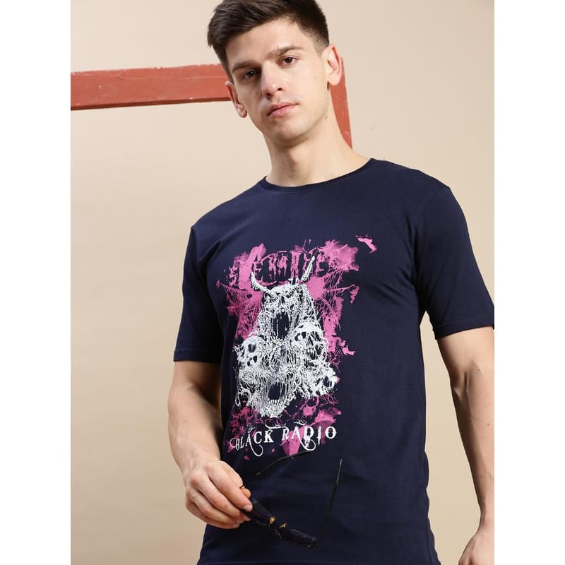 BLACK RADIO Mens Round neck Short Sleeve Graphic Printed Navy T-Shirt