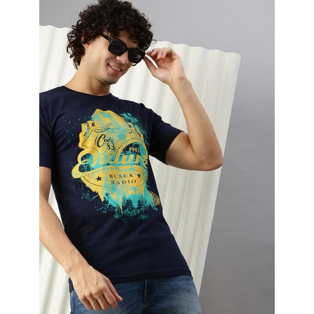 BLACK RADIO Mens Round neck Short Sleeve Graphic Printed Navy T-Shirt