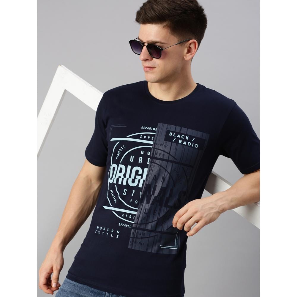 BLACK RADIO Mens Round neck Short Sleeve Graphic Printed Navy T-Shirt