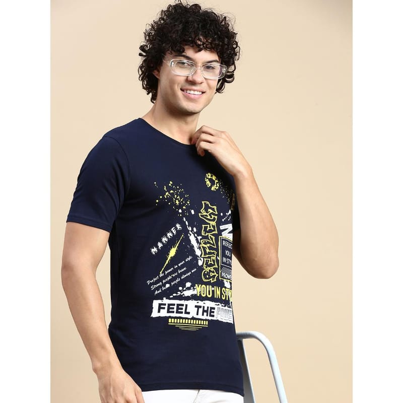 BLACK RADIO Mens Round neck Short Sleeve Graphic Printed Navy T-Shirt