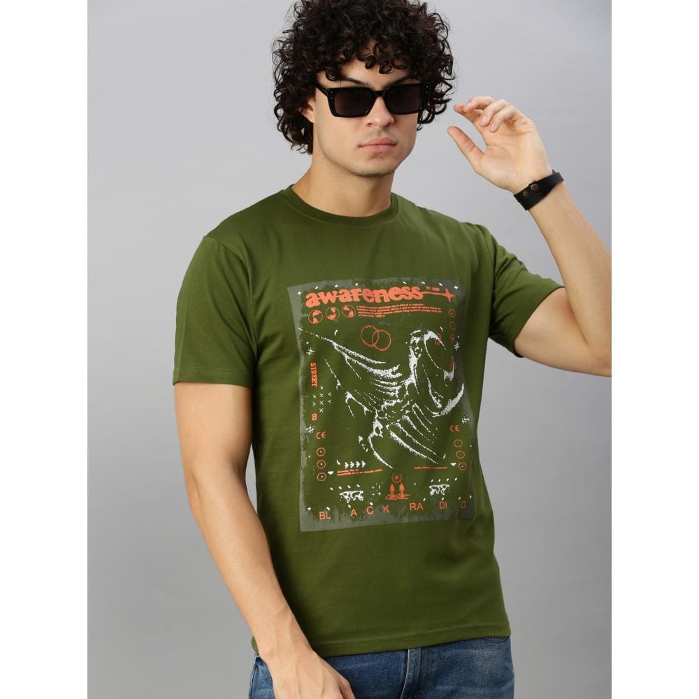 BLACK RADIO Mens Round neck Short Sleeve Graphic Printed Olive T-Shirt