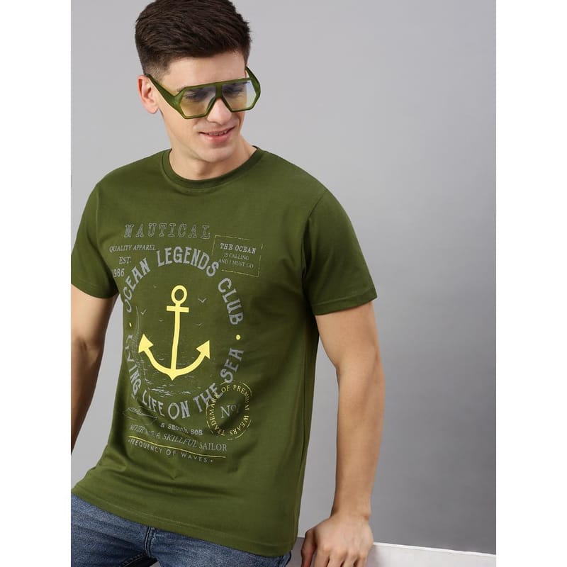 BLACK RADIO Mens Round neck Short Sleeve Graphic Printed Olive T-Shirt