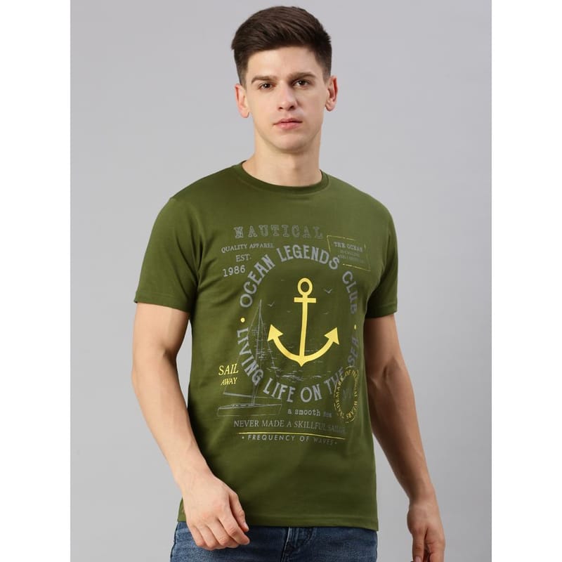 BLACK RADIO Mens Round neck Short Sleeve Graphic Printed Olive T-Shirt