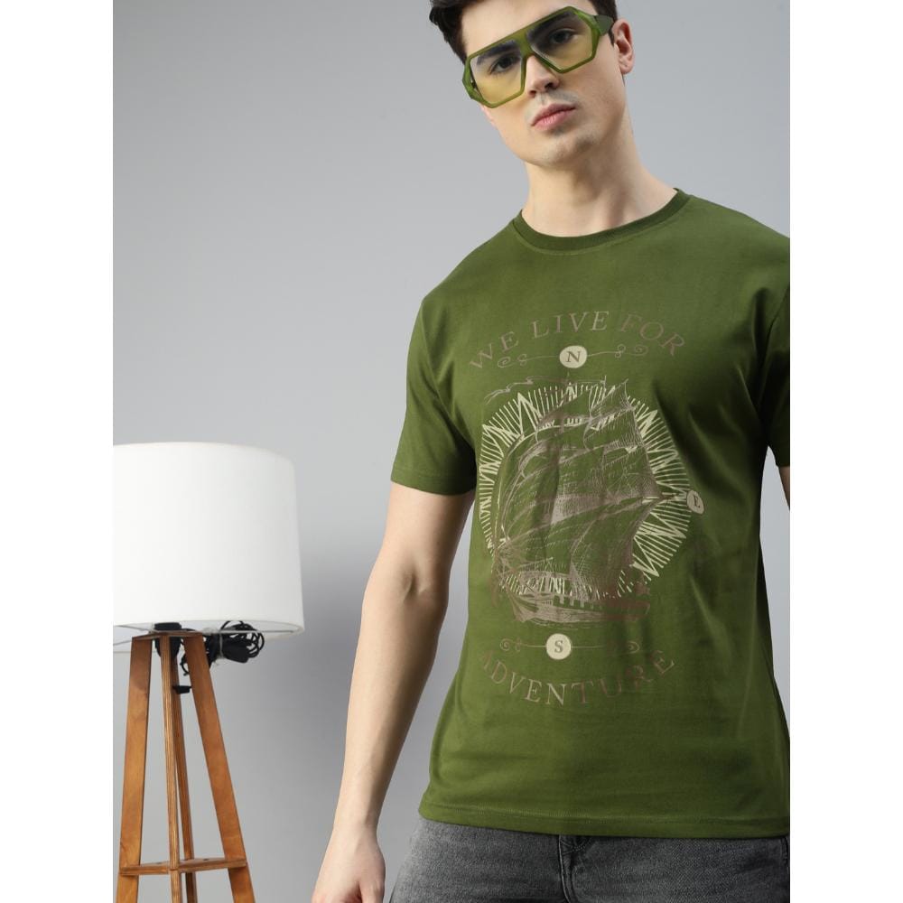 BLACK RADIO Mens Round neck Short Sleeve Graphic Printed Olive T-Shirt