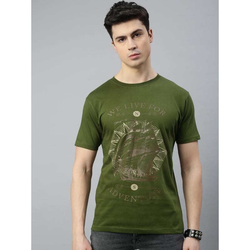 BLACK RADIO Mens Round neck Short Sleeve Graphic Printed Olive T-Shirt