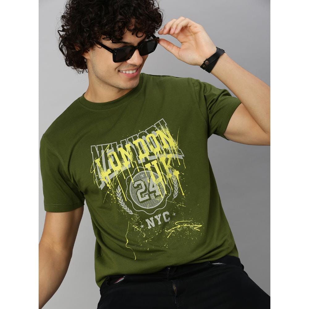 BLACK RADIO Mens Round neck Short Sleeve Graphic Printed Olive T-Shirt