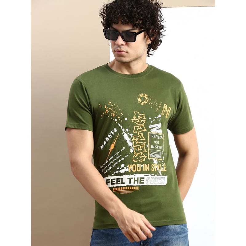 BLACK RADIO Mens Round neck Short Sleeve Graphic Printed Olive T-Shirt