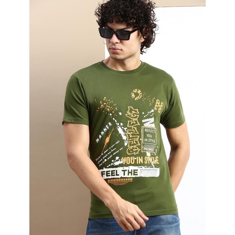 BLACK RADIO Mens Round neck Short Sleeve Graphic Printed Olive T-Shirt