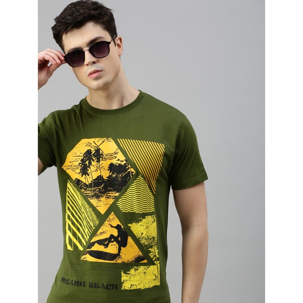 BLACK RADIO Mens Round neck Short Sleeve Graphic Printed Olive T-Shirt