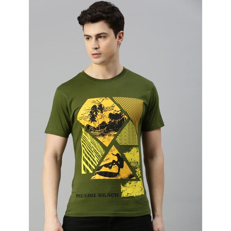 BLACK RADIO Mens Round neck Short Sleeve Graphic Printed Olive T-Shirt