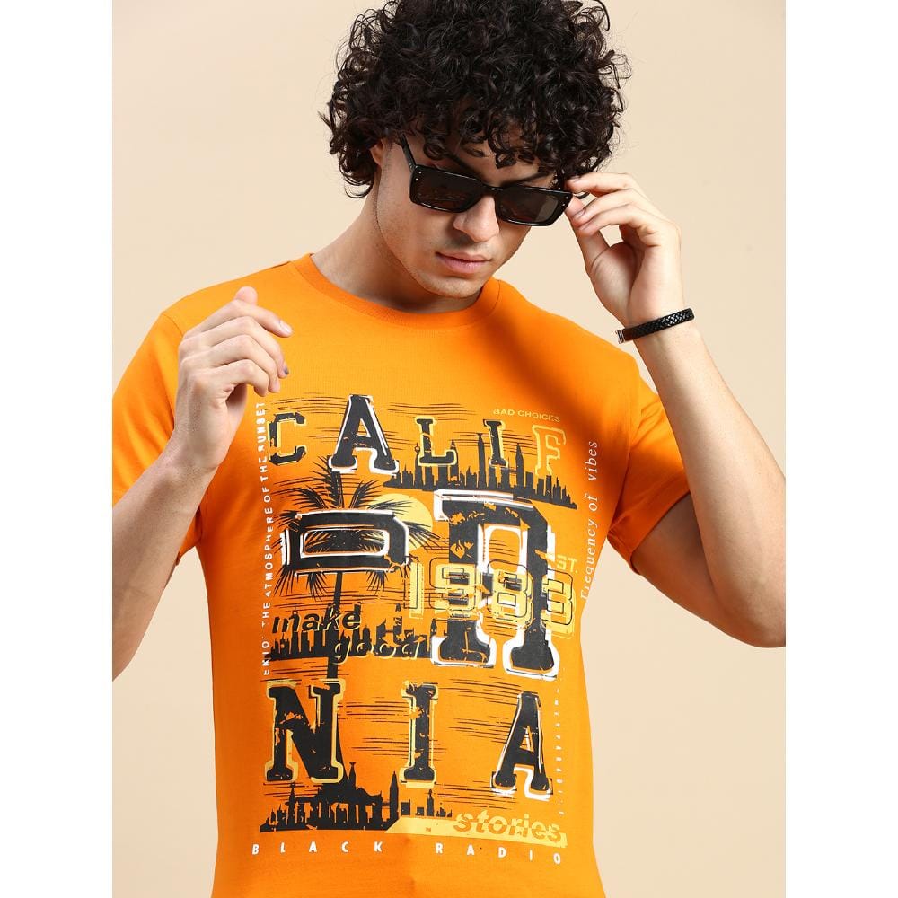 BLACK RADIO Mens Round neck Short Sleeve Graphic Printed Orange T-Shirt