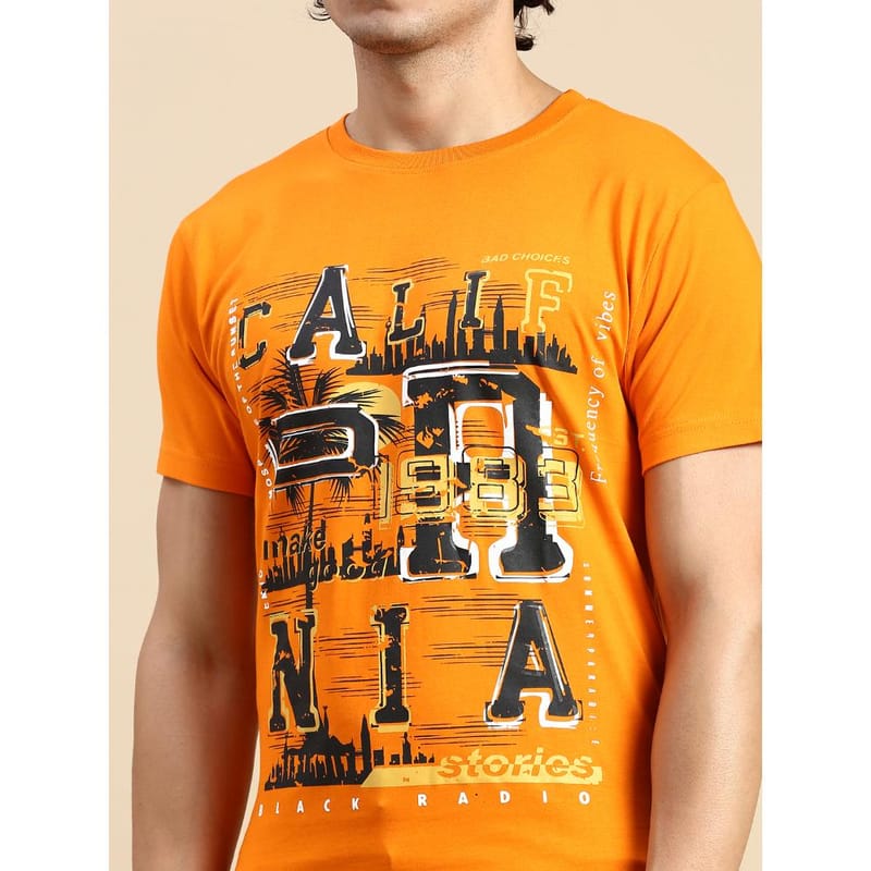 BLACK RADIO Mens Round neck Short Sleeve Graphic Printed Orange T-Shirt