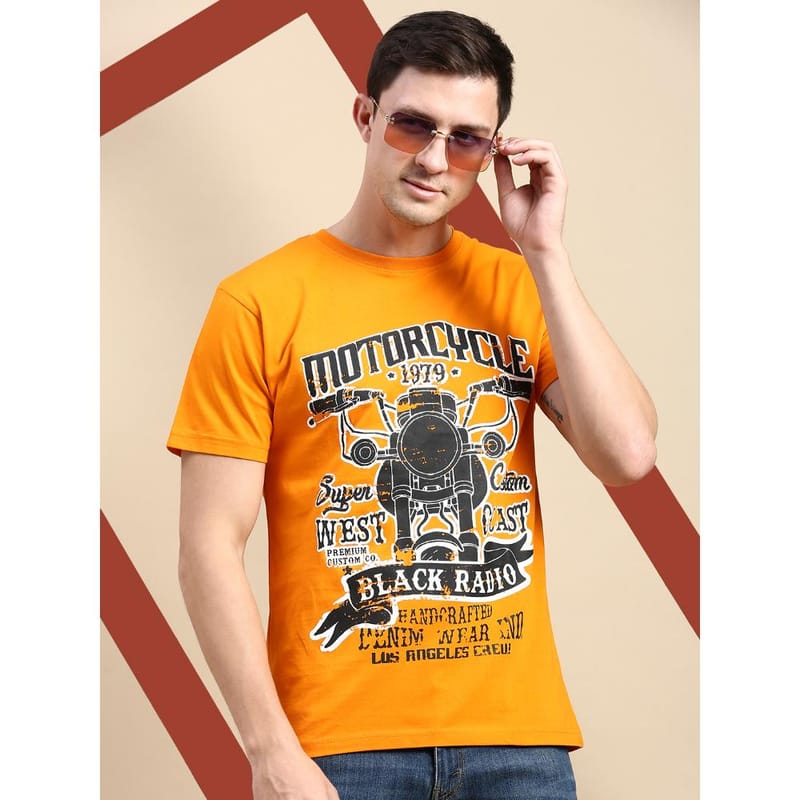 BLACK RADIO Mens Round neck Short Sleeve Graphic Printed Orange T-Shirt