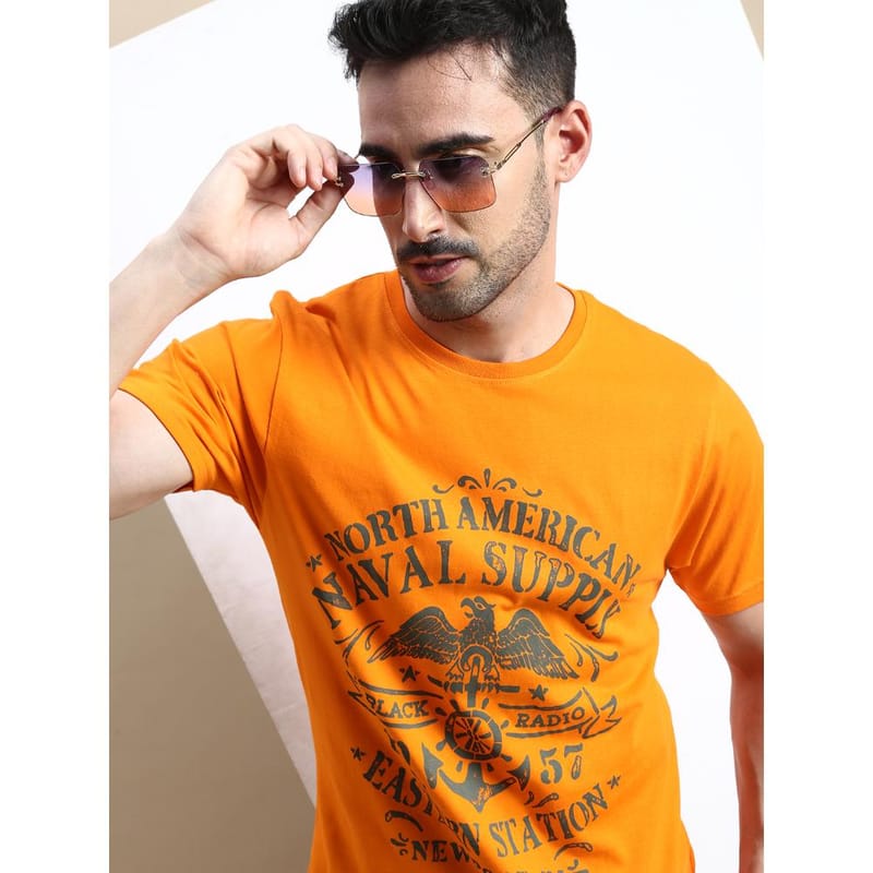 BLACK RADIO Mens Round neck Short Sleeve Graphic Printed Orange T-Shirt