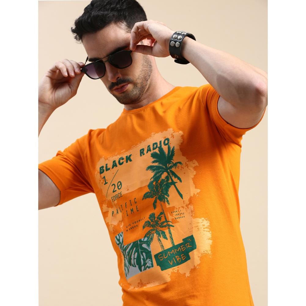 BLACK RADIO Mens Round neck Short Sleeve Graphic Printed Orange T-Shirt