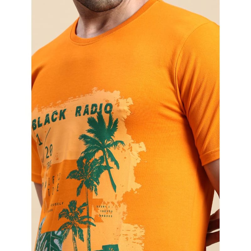 BLACK RADIO Mens Round neck Short Sleeve Graphic Printed Orange T-Shirt