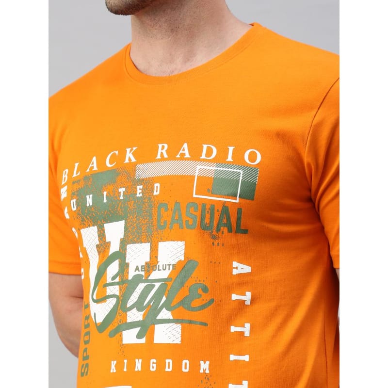 BLACK RADIO Mens Round neck Short Sleeve Graphic Printed Orange T-Shirt