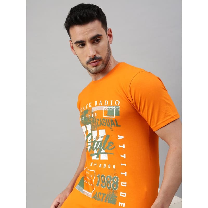 BLACK RADIO Mens Round neck Short Sleeve Graphic Printed Orange T-Shirt