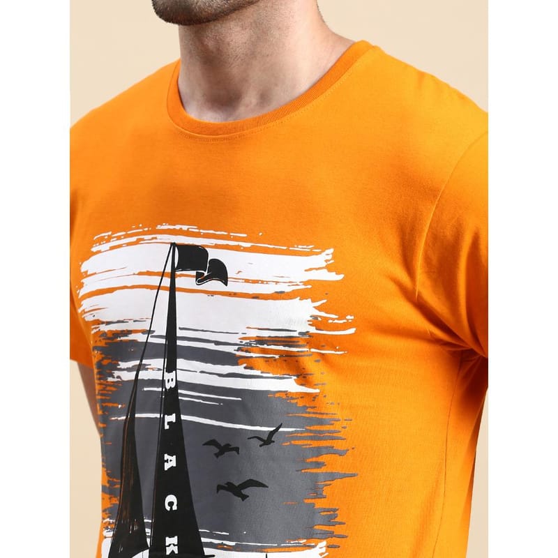 BLACK RADIO Mens Round neck Short Sleeve Graphic Printed Orange T-Shirt