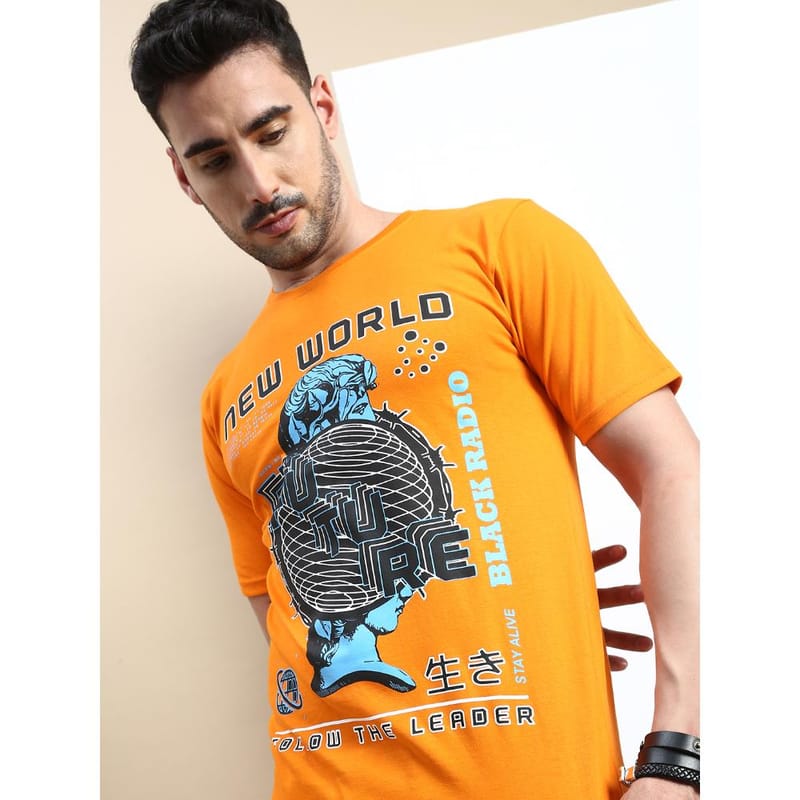 BLACK RADIO Mens Round neck Short Sleeve Graphic Printed Orange T-Shirt