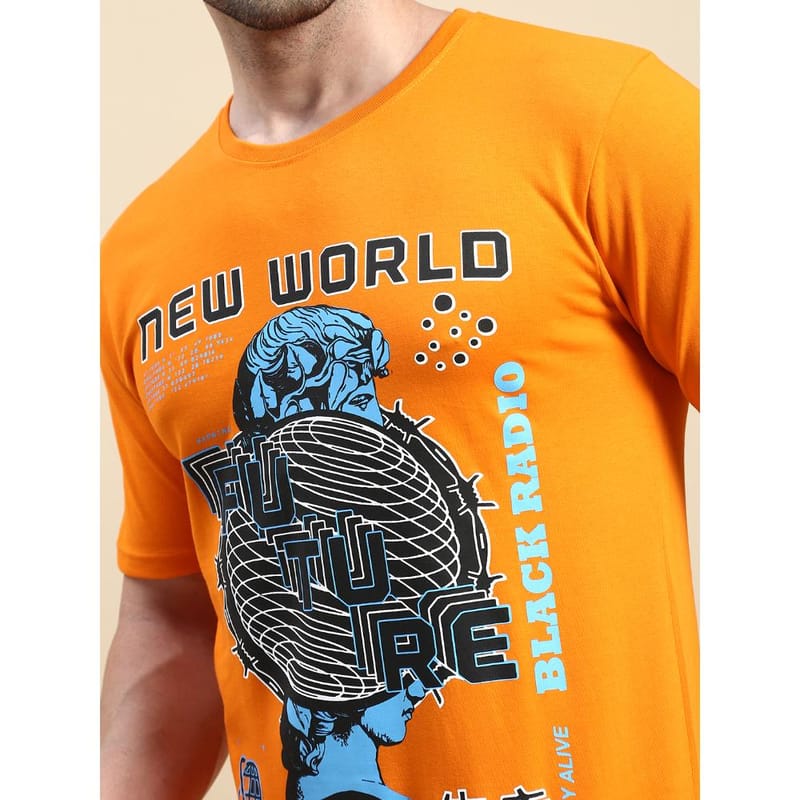 BLACK RADIO Mens Round neck Short Sleeve Graphic Printed Orange T-Shirt