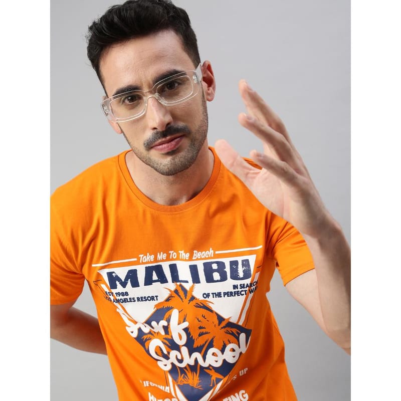 BLACK RADIO Mens Round neck Short Sleeve Graphic Printed Orange T-Shirt