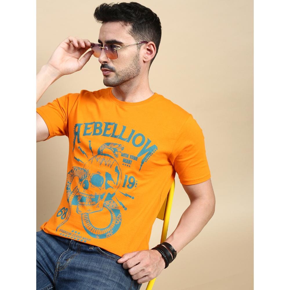 BLACK RADIO Mens Round neck Short Sleeve Graphic Printed Orange T-Shirt