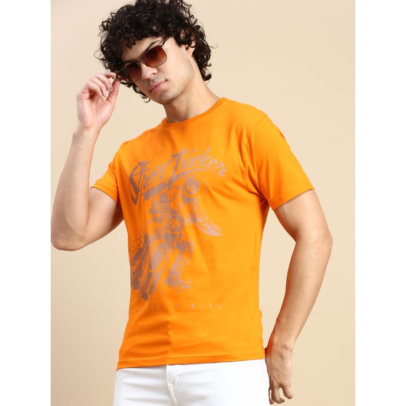 BLACK RADIO Mens Round neck Short Sleeve Graphic Printed Orange T-Shirt