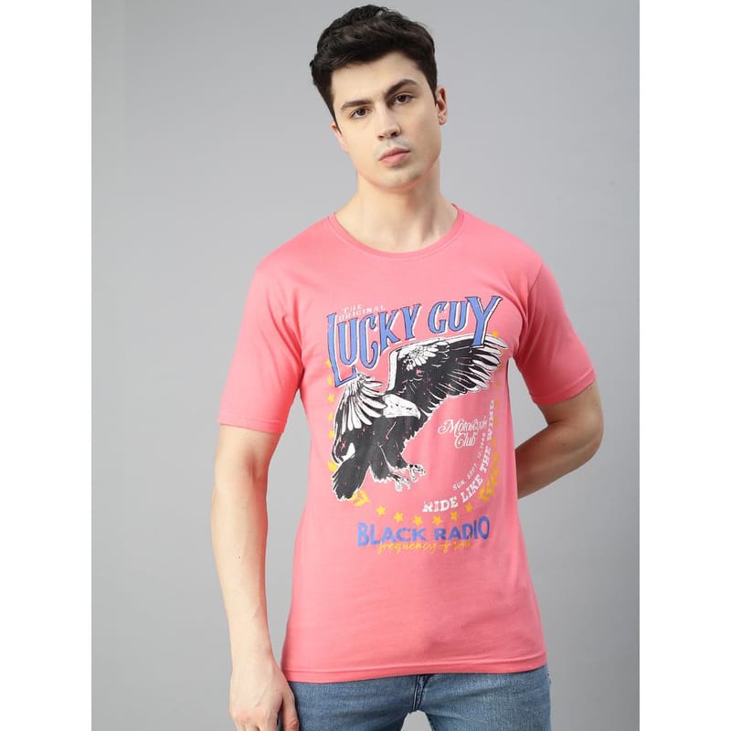 BLACK RADIO Mens Round neck Short Sleeve Graphic Printed Pink T-Shirt