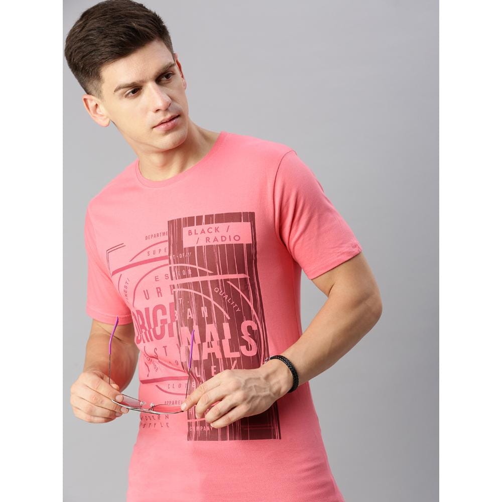 BLACK RADIO Mens Round neck Short Sleeve Graphic Printed Pink T-Shirt