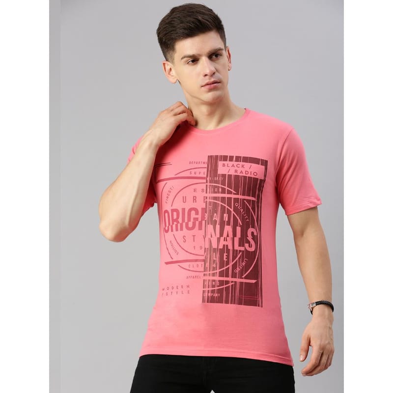 BLACK RADIO Mens Round neck Short Sleeve Graphic Printed Pink T-Shirt