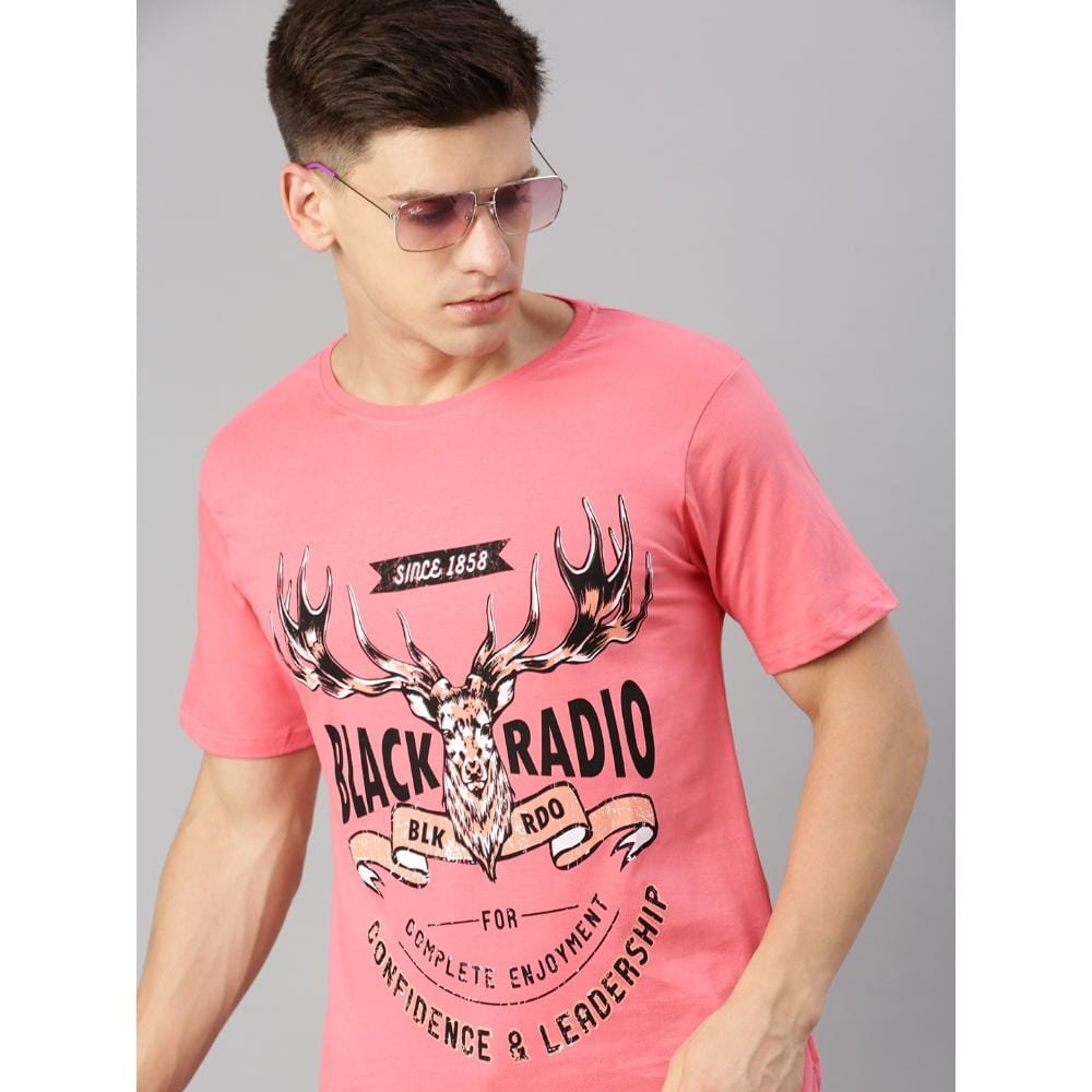 BLACK RADIO Mens Round neck Short Sleeve Graphic Printed Pink T-Shirt