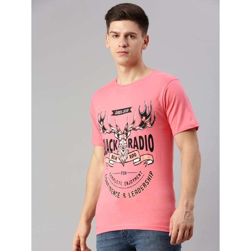 BLACK RADIO Mens Round neck Short Sleeve Graphic Printed Pink T-Shirt