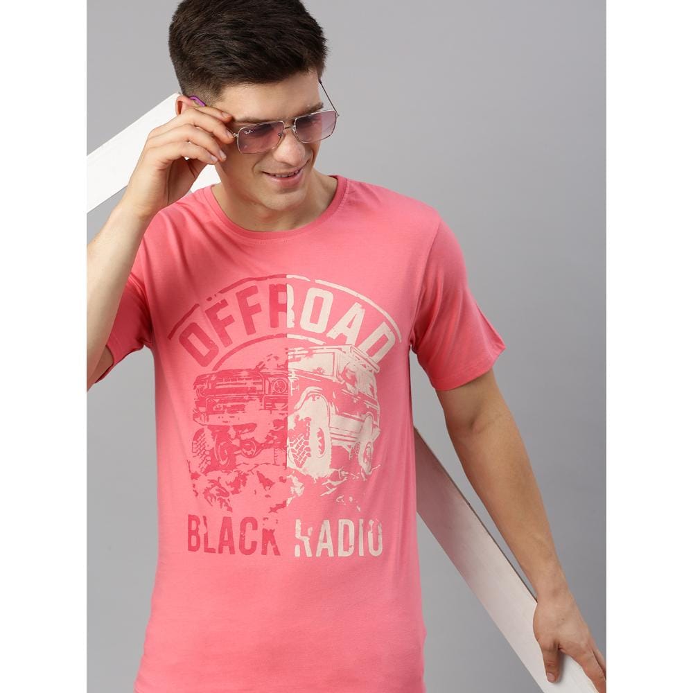 BLACK RADIO Mens Round neck Short Sleeve Graphic Printed Pink T-Shirt