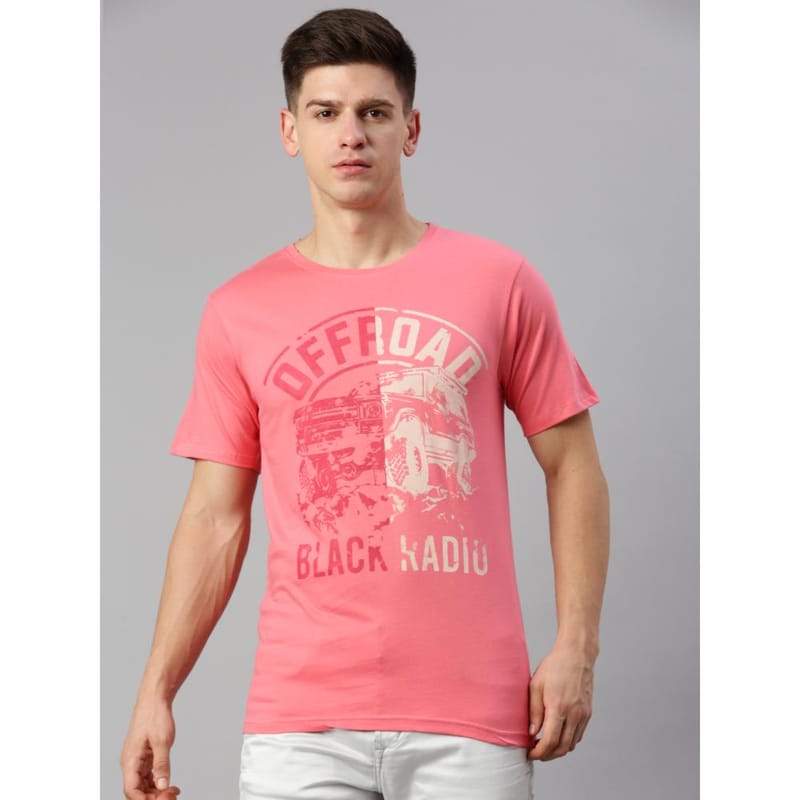 BLACK RADIO Mens Round neck Short Sleeve Graphic Printed Pink T-Shirt