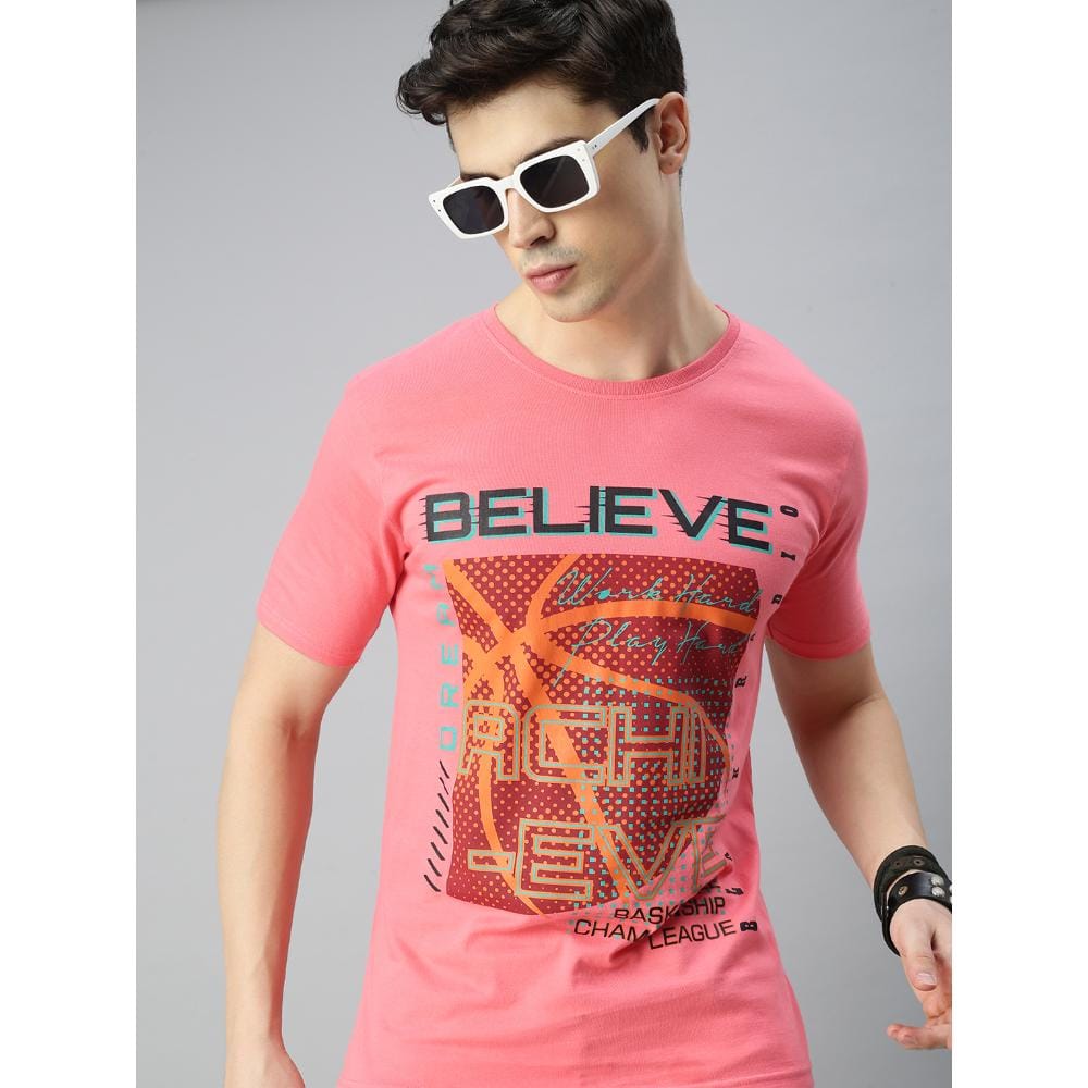 BLACK RADIO Mens Round neck Short Sleeve Graphic Printed Pink T-Shirt