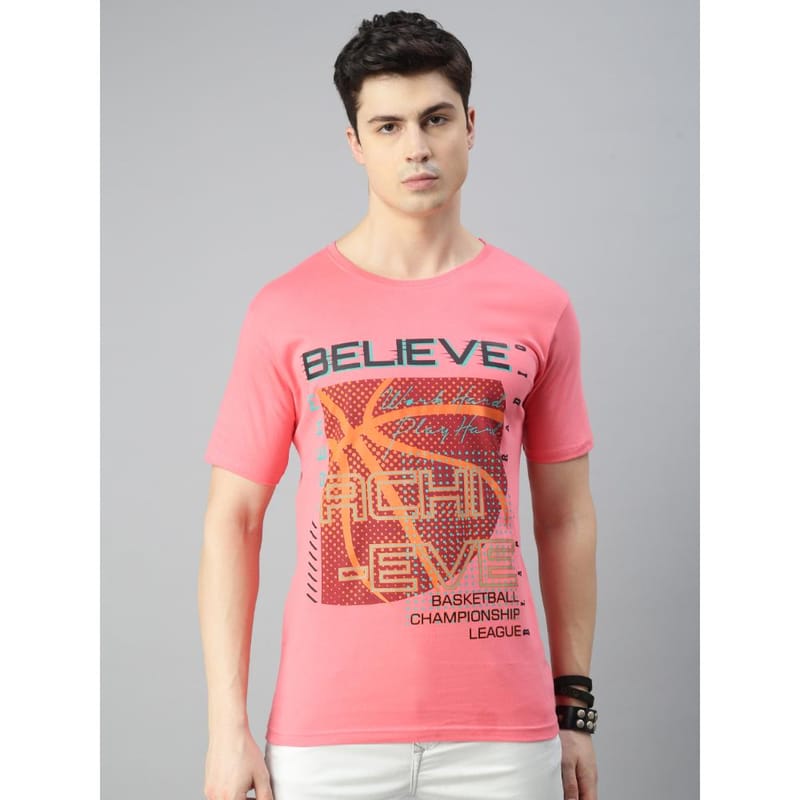 BLACK RADIO Mens Round neck Short Sleeve Graphic Printed Pink T-Shirt